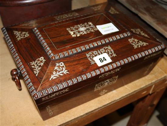 Victorian mother of pearl inlaid rosewood work box, (interior tray deficient)